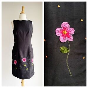 VINTAGE EAGLE'S EYE Black Silk Floral Trimmed Sheath Dress 4